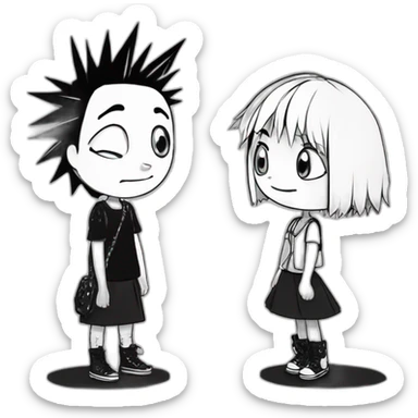 (a black and white dog) and a girl with black spiky hair looking at each other in style of ((sarah andersen)), black and white,sarah andersen,cartoon,drawn,sketch sticker