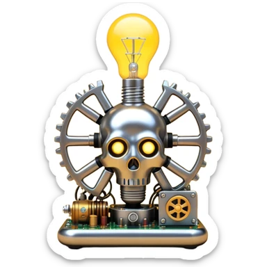 science, chemicals, mechanical gears, steampunk, electronics, electric wires, light bulb, LED, resistors, circuit board, ic, physics,  nuclear model sticker