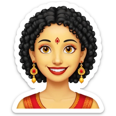 "- Phụ nữ
- 35 tuổi
- Da vàng
- Tóc đen xoăn nhẹ
- Có chấm đỏ Bindi, đeo khuyên tai
- Mặt cười
" sticker