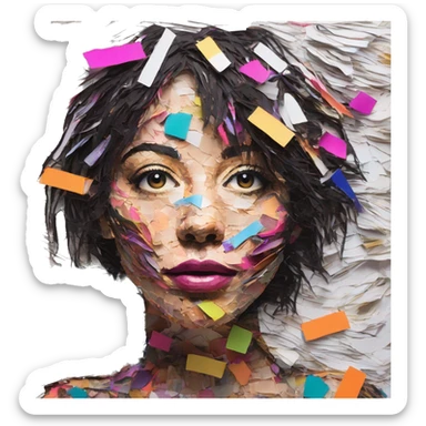 Colourful dark neon graffiti scribble scrapbook patchwork Person face portrait made entirely of multicoloured torn up magazines  sticker