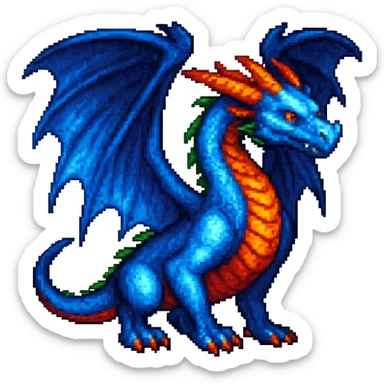 Add large, detailed wings to this fiery blue dragon, keep the style consistent with the original image, and remove the background. sticker
