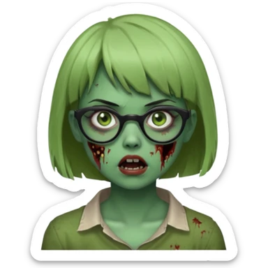 faça uma menina zumbi,da cor verde,com o cabelo curto,até o pescoço,franja,óculos pretos médios,olhos escuros,boca meio aberta e alguns machucados pelo rosto sticker