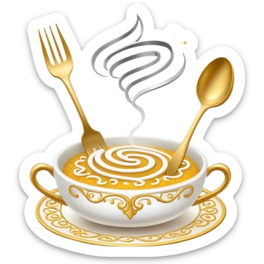 Enchanted cookbook with fork and spoon symbol that's emitting magic sparkles, surrounded by swirling magical mist sticker