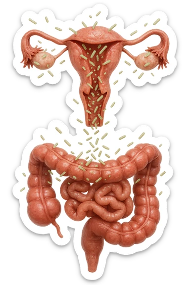 UTERO UMANO E INTESTINO ANATOMICI REALISTICI SONO UNO SOPRA ALL'ALTRO E SI PASSANO I BATTERI A VICENDA, CON BATTERI CHE ESCONO DALL'INTERNO, IPERREALISTICO 4K, NON DISEGNATO sticker