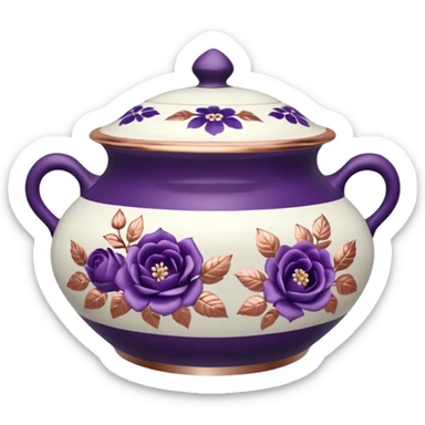  rose gold, and white realistic china pot with dark purple floral print sticker