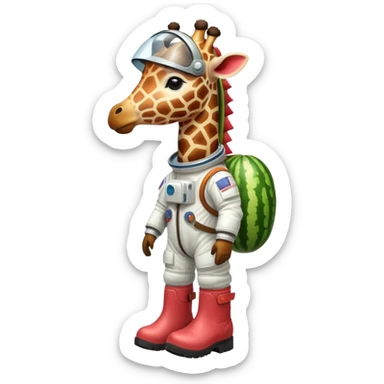 watermelon body with only the head of a giraffe poking out, wearing brown boots and an astronaut helmet sticker