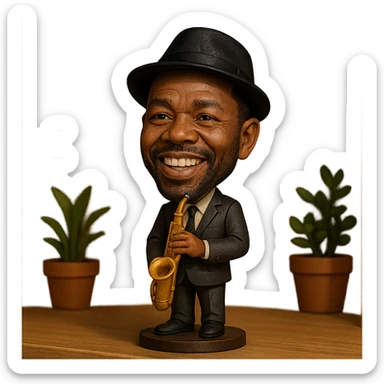 illustration of a jazz musician with a saxophone in bobblehead style sticker