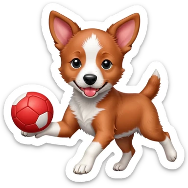 Playful red heeler puppy with tongue out, running with a ball sticker