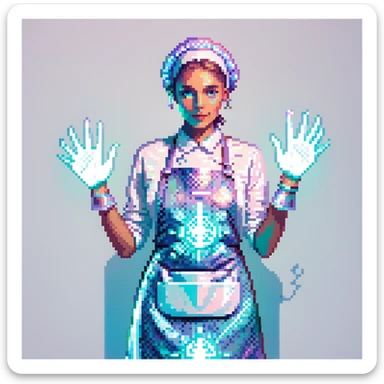 Portrait of a futuristic baker in skeuomorphism style, same pose and lighting as previous levels, wearing a translucent apron with holographic patterns, glowing hologram interface floating around hands, holding a digital whisk made of light beams, subtle neon reflections on face and clothes sticker