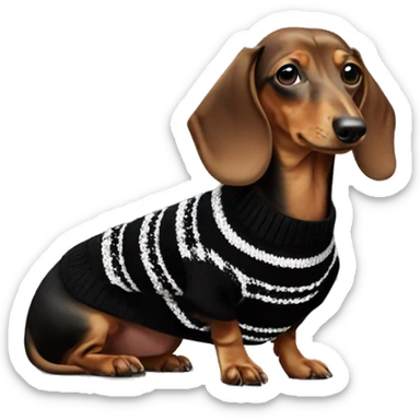 Dachshund wearing black and white Sweater with chanel logo  sticker