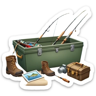 Icon for Fishing: a boat on the shore of a peaceful water body with a beautiful natural landscape, a fishing tackle box, a spinning rod, and boots nearby. The icon should capture the tranquility and gear of a fishing adventure. Transparent background. sticker