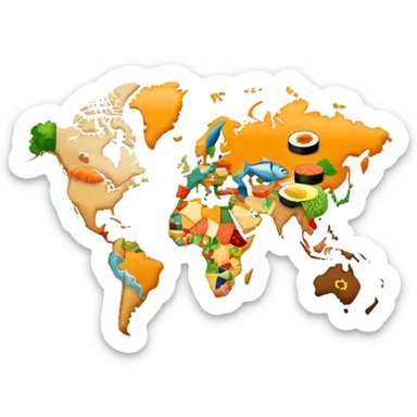 Icon for Culinary Tourism: a world map where the continents are made of various foods, like Fish - North America, sushi - Eurasia, tacos for South America, etc. The icon should represent global culinary exploration and travel. Transparent background. sticker