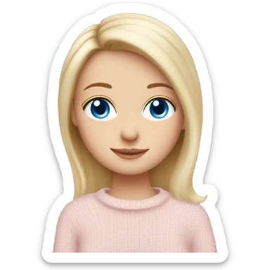 Pretty blue eyed white girl with light pink sweater reading cozy sticker