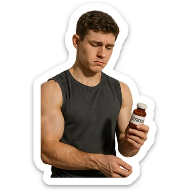 young athlete receiving advice from more experienced friend shown as shadow or silhouette, growing muscles, doubtful look, anabolic steroid bottle in hand, realistic details, isolated on white background sticker