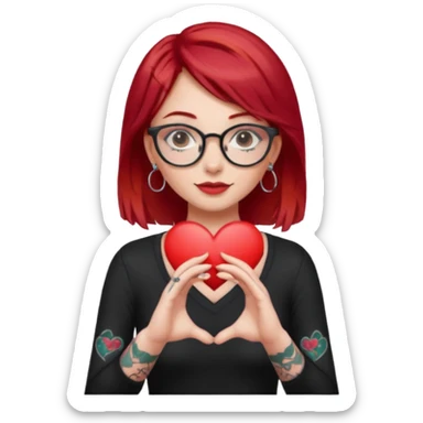 Beautiful girl, with glasses, red hair, tall, slim, with tattoos and small piercing, showing heart with hands sticker