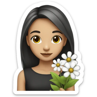 A cute girl, holding black and white flowers sticker