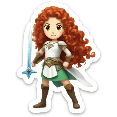 a white girl with long red curly hair and freckles, cosplaying Princess Zelda posing and ready for a fight sticker