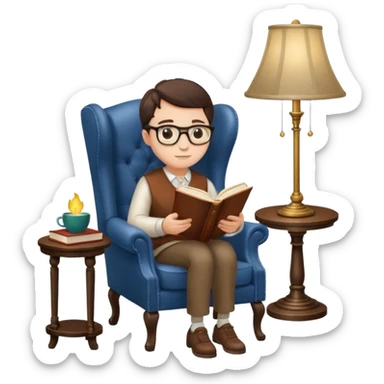 peruse at your leisure, person reading with small glasses in a wingback chair next to a lamp sticker