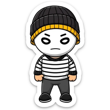 character with black and white striped shirt, black beanie, black mask over eyes sticker