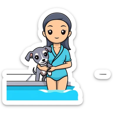 Very thin and slim Chinese woman with long black hair in pool attire at an indoor swimming pool with her Italian greyhound that is COMPLETELY solid dark grey with ABSOLUTELY ZERO white markings anywhere - 100% uniform dark grey color only sticker