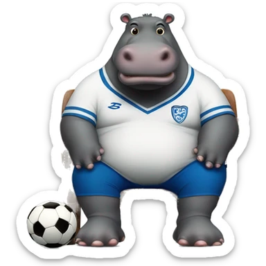fat hippo as soccer player sit on chair sticker