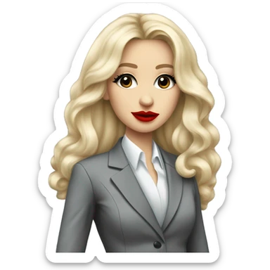 Russian Blonde long hair with big red lips small nose and black eyes Tiffany diamond seller in a grey suit sticker