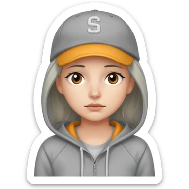 Female tech developer going back to work after christmas holidays, looking tired and wearing a hoodie and a baseballcap that says "S V T" sticker