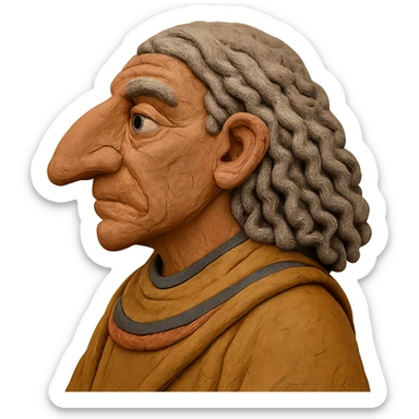 claymation style profile portrait of an Egyptian historian with long curly grey hair, wearing an Egyptian cloak, large aquiline nose sticker