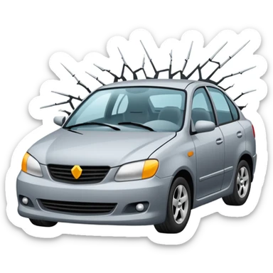 car crashed to a trafic barrier barrier in front of car and car front panel broken sticker