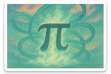  combine the π (pi) math symbol, binary code, and digital mist emerging from it. sticker