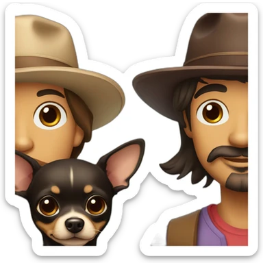 Latino man with stubble beard, lady with flat brim hat and chocolate long-haired chihuahua sticker