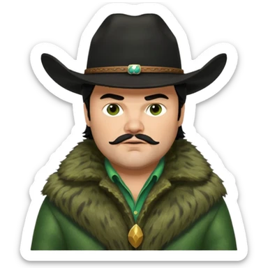 jack black haired cowboy in green fur coat with black hat sticker