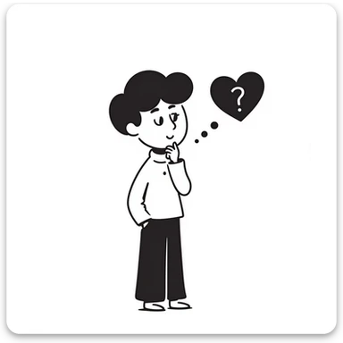 boy with hand on chin, thought bubble with a heart and question mark, simple lines sticker