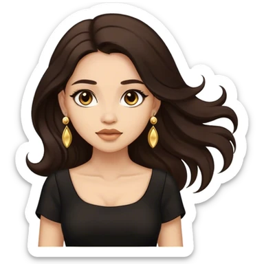 Beautiful woman,cute, long dark brown hair in dark dress with gold earrings sticker