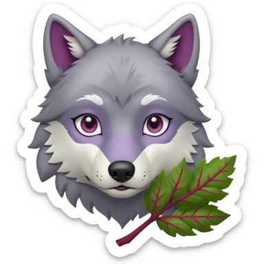 A wolf with lilac gray eyes and holding a weirwood leaf sticker