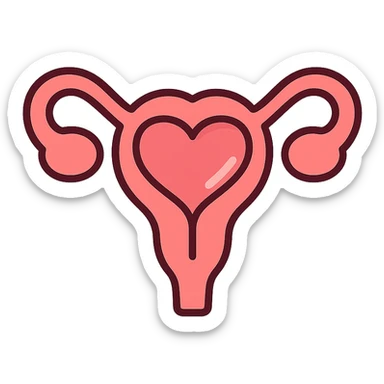 A clean, minimalistic vector illustration of a simplified uterus icon, designed as a stylized flower or heart shape with upward-sweeping fallopian tube 'horns'. Use smooth, well-defined lines with a modern flat design. Apply soft inner shadows and subtle highlights to give depth and gloss without breaking the flat aesthetic. Keep the design centered, symmetrical, and elegant. Transparent background. Color palette: soft pinks, muted reds, and gentle white highlights sticker