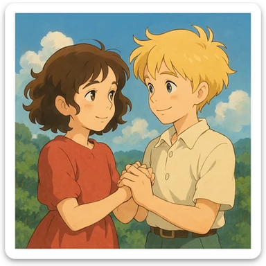 brunette curly haired girl and blonde boy holding hands, soft and expressive ghibli style sticker