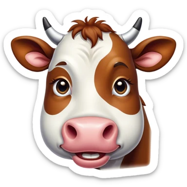 Cinematic Comical Black and White Cow Portrait Emoji, Head tilted dramatically with an exaggeratedly amused expression, featuring a striking, glossy coat of bold black and white, wide, expressive brown eyes filled with playful disbelief, Simplified yet hilariously expressive features, highly detailed, glowing with a slightly sassy glow, high shine, dramatic yet playful, stylized with an air of cheeky mischief, bright and endearing, soft glowing outline, capturing the essence of a spirited and over-the-top cow, so meme-worthy it feels like it could moo its way into internet fame instantly! sticker