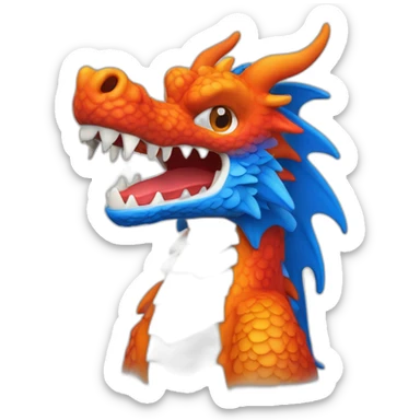 Un dragon mi loup de couleur rouge, bleu, blanc et orange moutardes. Il a des corne de bélier orange moutard. Il qui crache du feux sticker