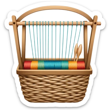Weaving icon, various types of weaving such as basket weaving, macramé, and loom weaving, showing intertwined threads or ropes, weaving tools like shuttle, crochet hook, and loom, minimalistic style, clean lines, transparent background. sticker