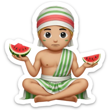 Create an emoji sitting cross-legged, wearing a white toga. The emoji is blindfolded with a green and white striped cloth and has a watermelon on its head. The emoji should not be smiling- make it look distressed or cold sticker