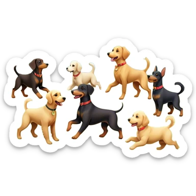 Collage of various dog breeds like Doberman, Poodle, Dachshund, and Golden Retriever, playing in a park with trees and grass. Some dogs run, others sit, all are full of energy and happiness. A joyful, colorful scene with playful expressions. Transparent background. sticker
