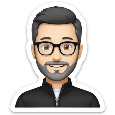 Fair-skinned man with short black hair styled upward, short graying beard, large black-framed glasses, smiling, wearing black long sleeve shirt with zip at neck sticker