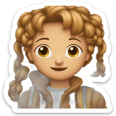 девочка со светлой  кожей и с коричневыми волосвми сидит за ноутбуком sticker