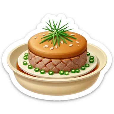 Emoji of a Chinese steamed pork patty in a small dish, topped with chopped scallions, soft texture, minimal style. sticker