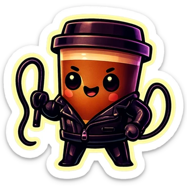 Tall coffee cup, dressed in leather holding a whip sticker