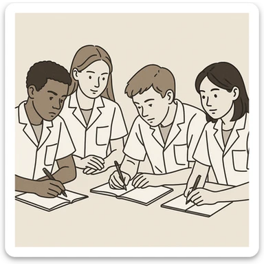 four students wearing short-sleeved white lab coats, no equipment except possibly pens and notebooks, working together, simple illustration style, studious atmosphere, neutral background sticker