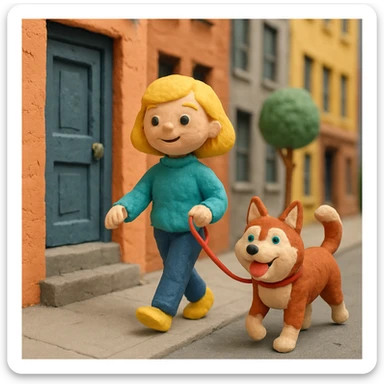 Cute Blonde woman wearing a sweater walking a happy red-brown blue-eyed Siberian husky in New York City on an upper east side city sidewalk  sticker