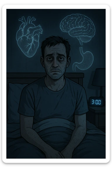 a man sits awake in bed in the middle of the night, dark circles under his eyes and a tired, anxious expression. The room is dimly lit by the blue glow of a phone or digital clock showing 3:00 AM. Around him, faint ghostly overlays of anatomical drawings highlight affected organs—heart, brain, and stomach—symbolizing the physical harm caused by disrupted sleep. sticker