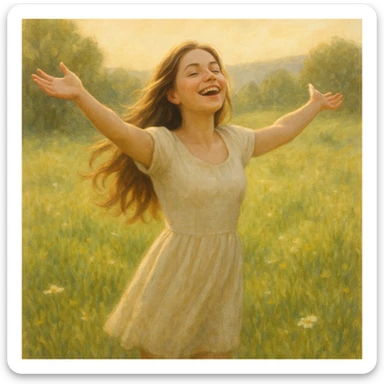 A joyful young woman with long hair, arms outstretched, standing in a sunlit meadow, expressing freedom and happiness, soft realistic illustration style sticker